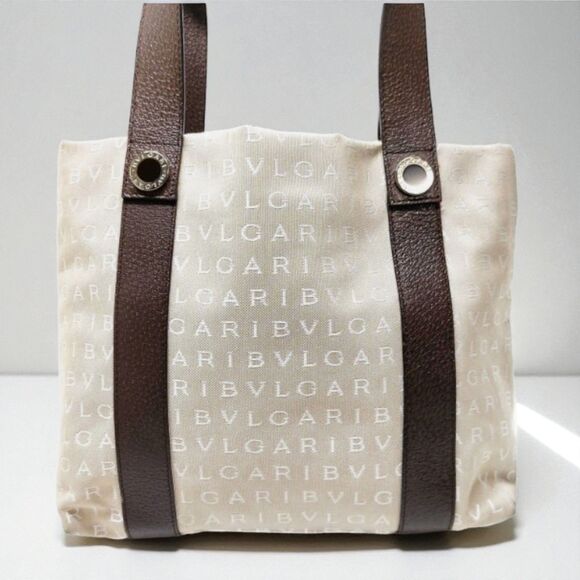 Bvlgari Beige Canvas Tote Bag with Brown Leather Trim Logo Shoulder  2553364 - Picture 4 of 8